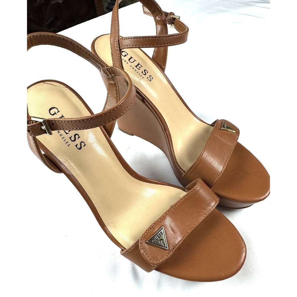 Guess Los Angeles Tan Brown Wedge Sandals Ankle Strap Platform Heels